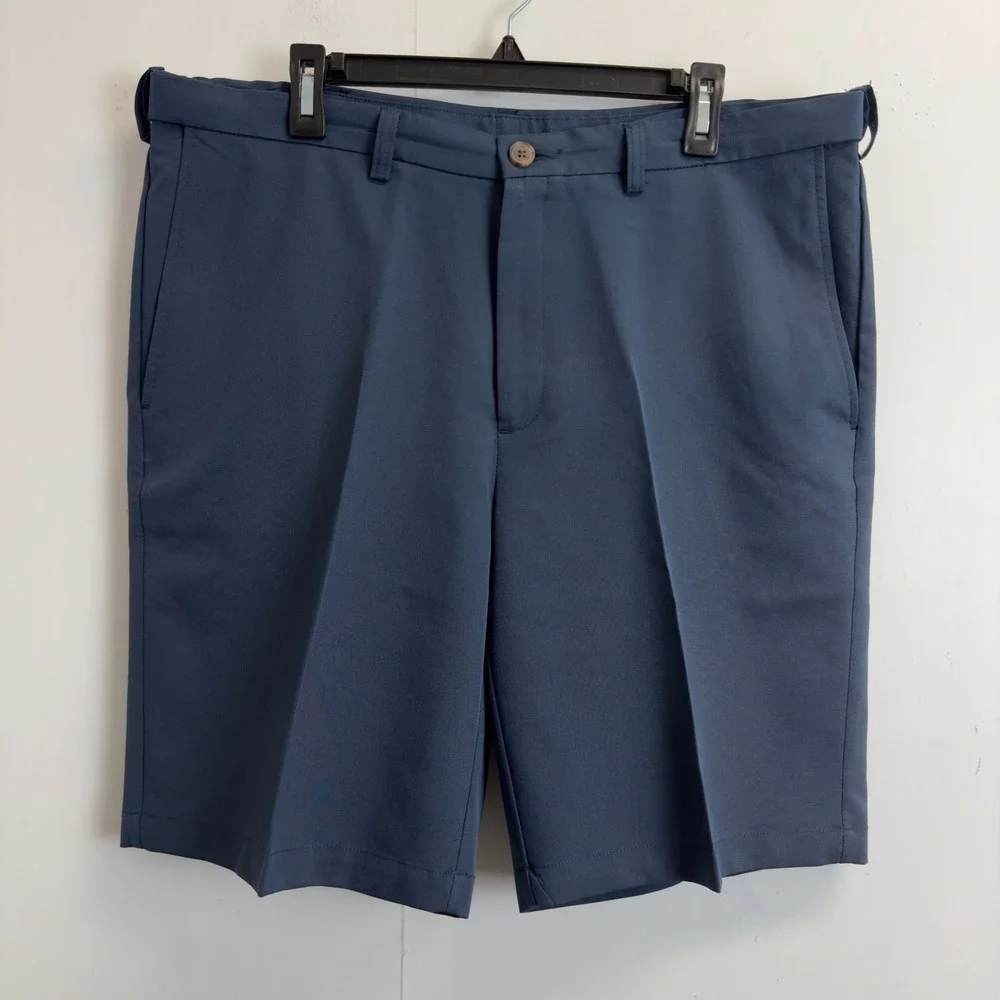 Haggar Mens Navy Blue Flat Front Polyester Casual Golf Shorts Size 38 Expandable